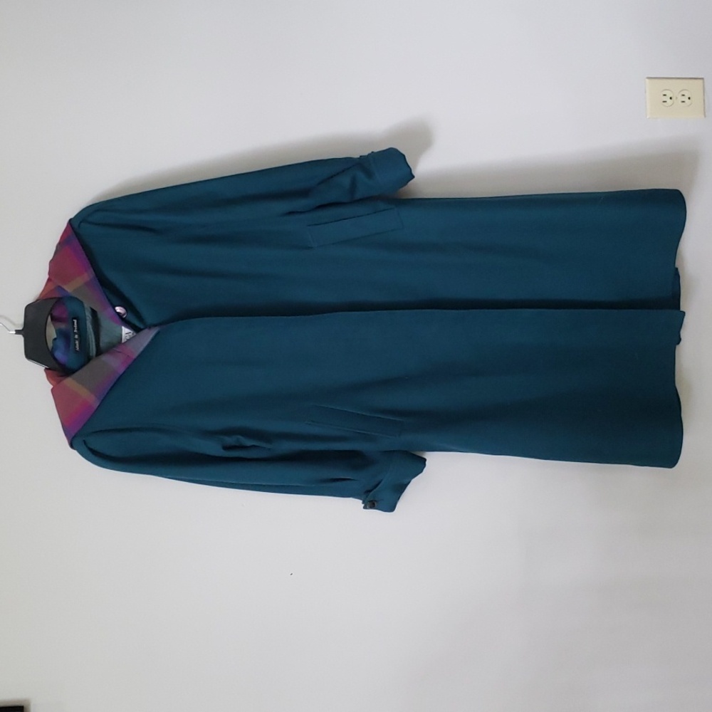 Avoca Collection Long Coat Womens S Tartan Hood Teal Green Wool Wicklow Ireland